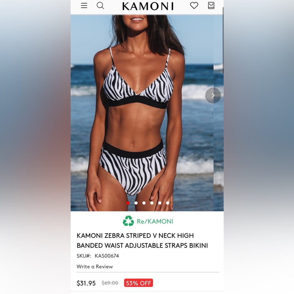 NWT Kamoni 2 piece bikini Top and bottom swim suit Zebra Large